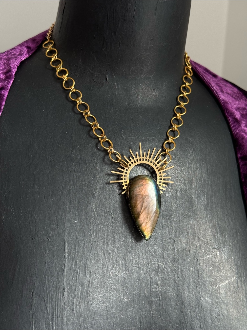 Gold Sunburst Labradorite Teardrop Necklace boho jewelry witchy crystal pendant